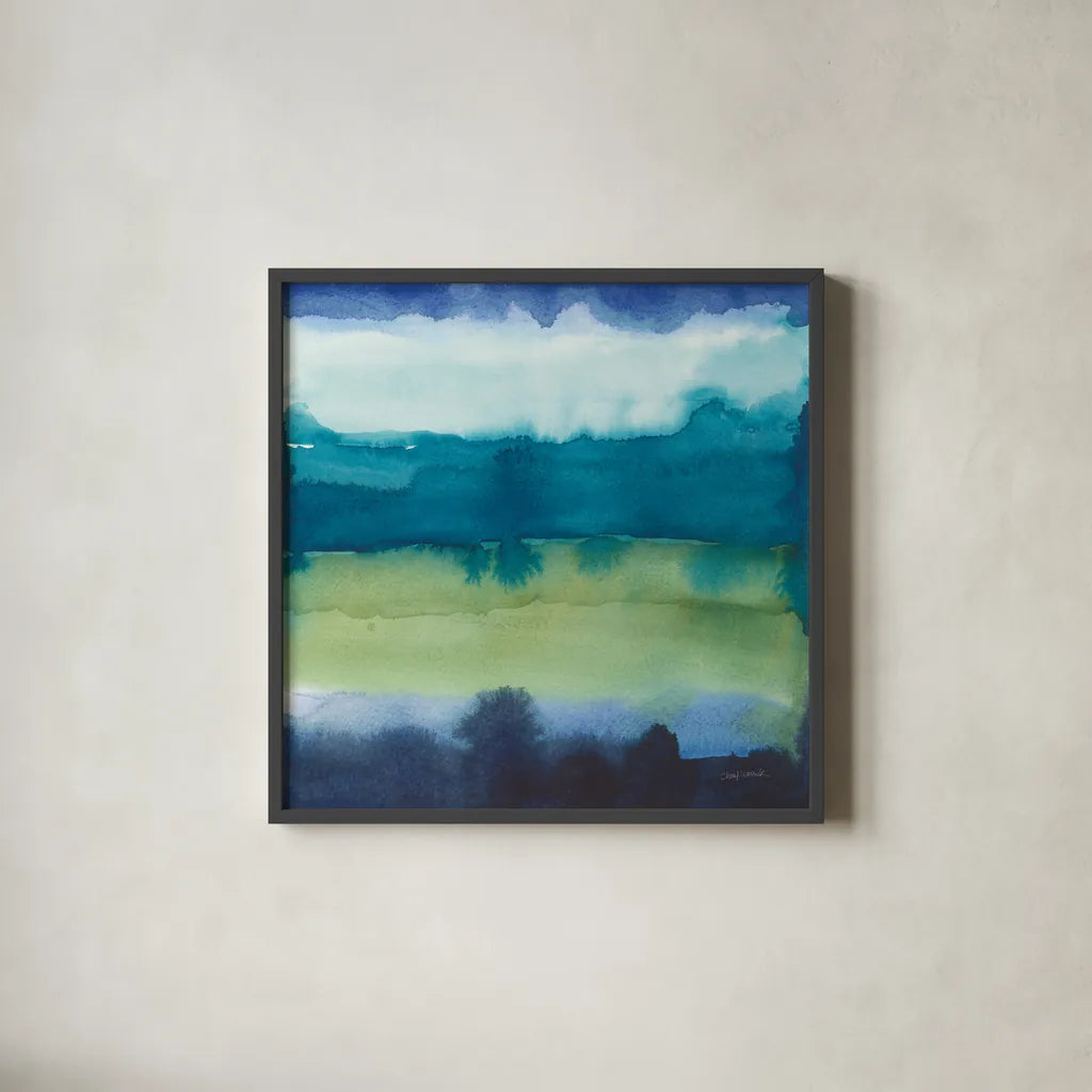 Abstract Landscape I by Cheryl Warrick. Shown in a sleek black glass frame for a contemporary gallery look. Available as an archival giclee rolled canvas, fine art paper, or poster print. SKU 84789a.