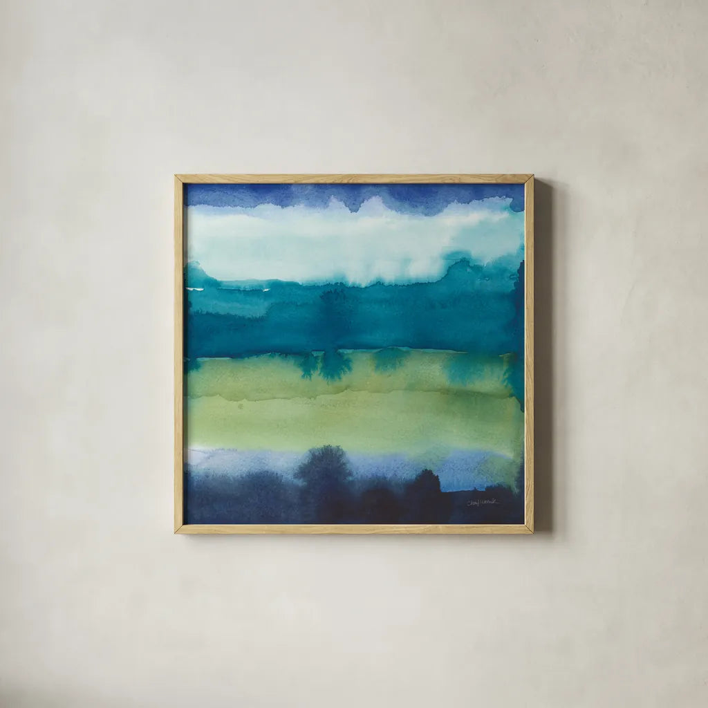 Abstract Landscape I by Cheryl Warrick. Shown in a natural wood glass frame for a timeless modern aesthetic. Available as an archival giclee rolled canvas, fine art paper, or poster print. SKU 84789a.