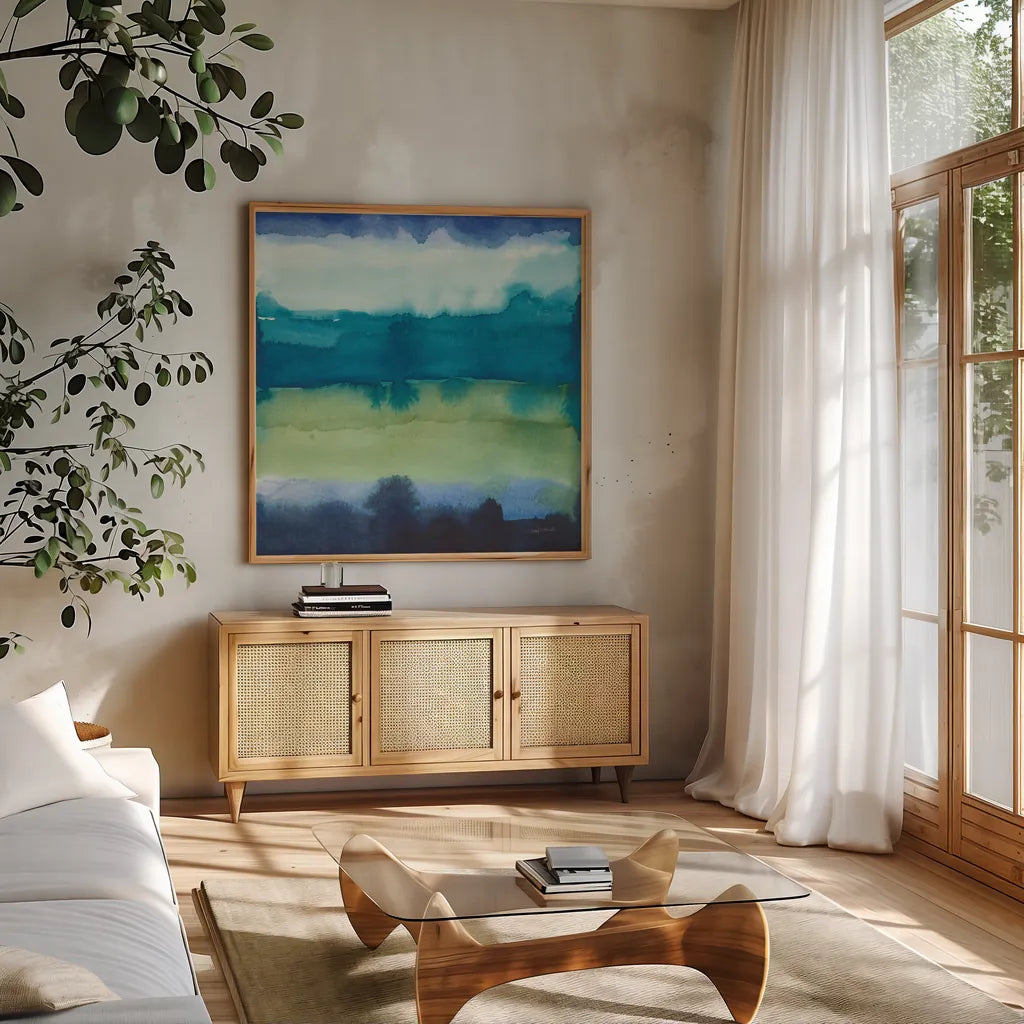 Abstract Landscape I by Cheryl Warrick. Shown in a natural wood frame in a cozy modern living room. Available as an archival giclee rolled canvas, fine art paper, or poster print. SKU 84789a.