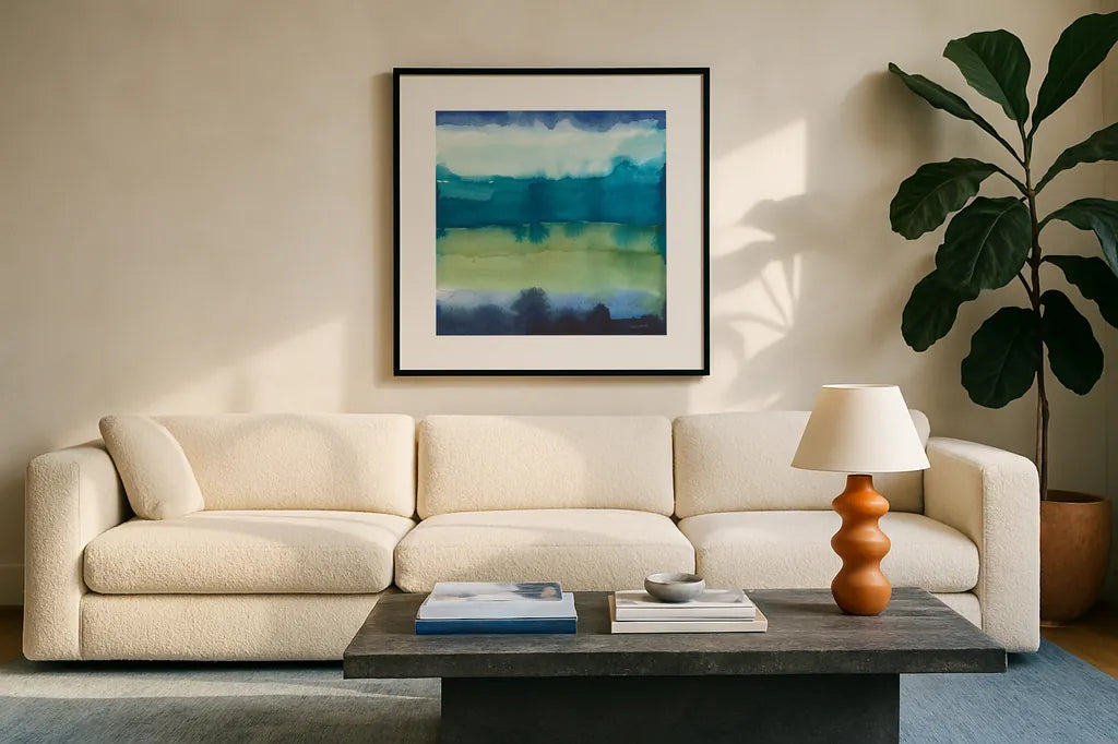 Abstract Landscape I by Cheryl Warrick. Displayed in a glass frame with matte in a clean modern living room. Available as an archival giclee rolled canvas, fine art paper, or poster print. SKU 84789a.