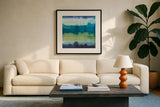 Abstract Landscape I by Cheryl Warrick. Displayed in a glass frame with matte in a clean modern living room. Available as an archival giclee rolled canvas, fine art paper, or poster print. SKU 84789a.