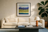 Abstract Landscape II by Cheryl Warrick. Displayed in a glass frame with matte in a clean modern living room. Available as an archival giclee rolled canvas, fine art paper, or poster print. SKU 84790a.