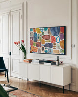 Alchemy II Rotated Crop by Cheryl Warrick. shown as a framed stretched canvas in a living room above a console. Available as a archival giclee rolled canvas, fine art paper, or poster print. SKU 86310i.