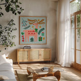 All is Bright I by Cheryl Warrick. Shown in a natural wood frame in a cozy modern living room. Available as an archival giclee rolled canvas, fine art paper, or poster print. SKU 93329a.