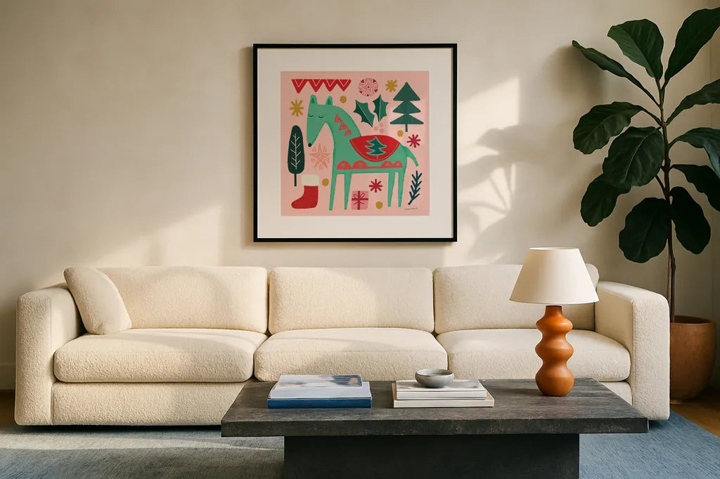 All is Bright II by Cheryl Warrick. Displayed in a glass frame with matte in a clean modern living room. Available as an archival giclee rolled canvas, fine art paper, or poster print. SKU 93330a.