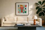 All is Bright IV by Cheryl Warrick. Displayed in a glass frame with matte in a clean modern living room. Available as an archival giclee rolled canvas, fine art paper, or poster print. SKU 93332a.