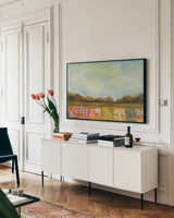 Autumn Prelude by Cheryl Warrick. shown as a framed stretched canvas in a living room above a console. Available as a archival giclee rolled canvas, fine art paper, or poster print. SKU 36239i.