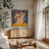 Best Friend Florals by Cheryl Warrick. Shown in a natural wood frame in a cozy modern living room. Available as an archival giclee rolled canvas, fine art paper, or poster print. SKU 103252a.