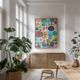 Bliss III by Cheryl Warrick. shown as a print in a natural wood frame in a dining room. Available as a archival giclee rolled canvas, fine art paper, or poster print. SKU 80139h.