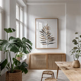 Botanique Beauty IV by Cheryl Warrick. shown as a print in a natural wood frame in a dining room. Available as a archival giclee rolled canvas, fine art paper, or poster print. SKU 86955h.