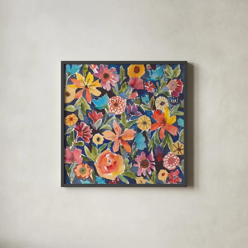 Breezy Petals I by Cheryl Warrick. Shown in a sleek black glass frame for a contemporary gallery look. Available as an archival giclee rolled canvas, fine art paper, or poster print. SKU 84796a.