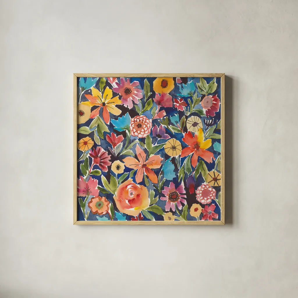 Breezy Petals I by Cheryl Warrick. Shown in a natural wood glass frame for a timeless modern aesthetic. Available as an archival giclee rolled canvas, fine art paper, or poster print. SKU 84796a.