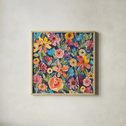Breezy Petals I by Cheryl Warrick. Shown in a natural wood glass frame for a timeless modern aesthetic. Available as an archival giclee rolled canvas, fine art paper, or poster print. SKU 84796a.