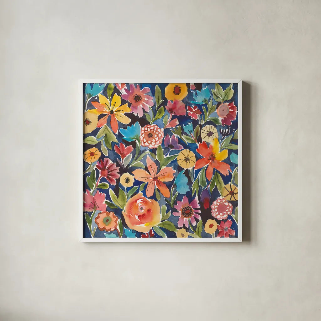 Breezy Petals I by Cheryl Warrick. Shown in a crisp white glass frame for a clean and minimalist style. Available as an archival giclee rolled canvas, fine art paper, or poster print. SKU 84796a.