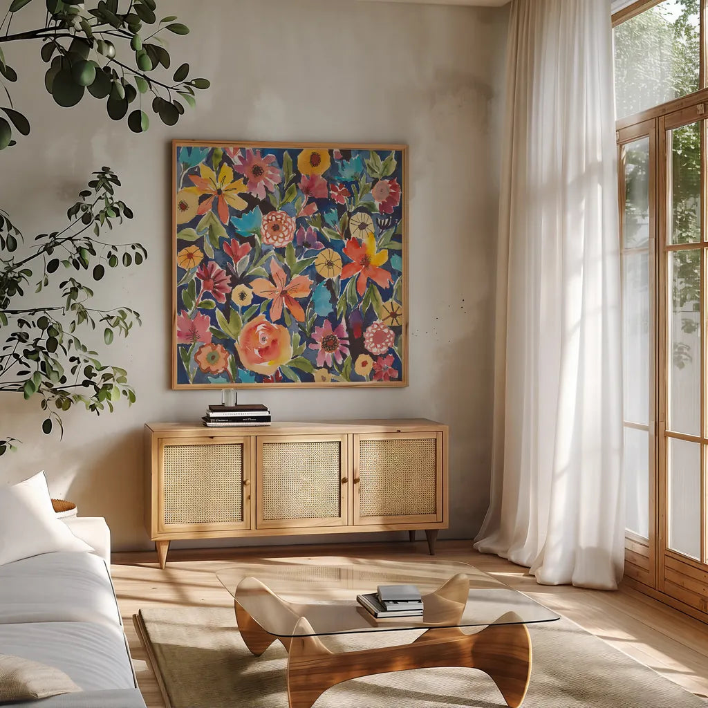 Breezy Petals I by Cheryl Warrick. Shown in a natural wood frame in a cozy modern living room. Available as an archival giclee rolled canvas, fine art paper, or poster print. SKU 84796a.