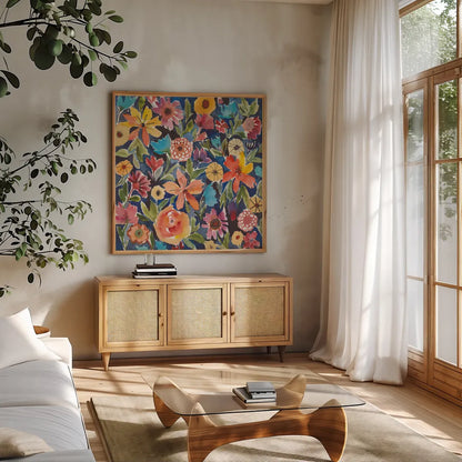 Breezy Petals I by Cheryl Warrick. Shown in a natural wood frame in a cozy modern living room. Available as an archival giclee rolled canvas, fine art paper, or poster print. SKU 84796a.