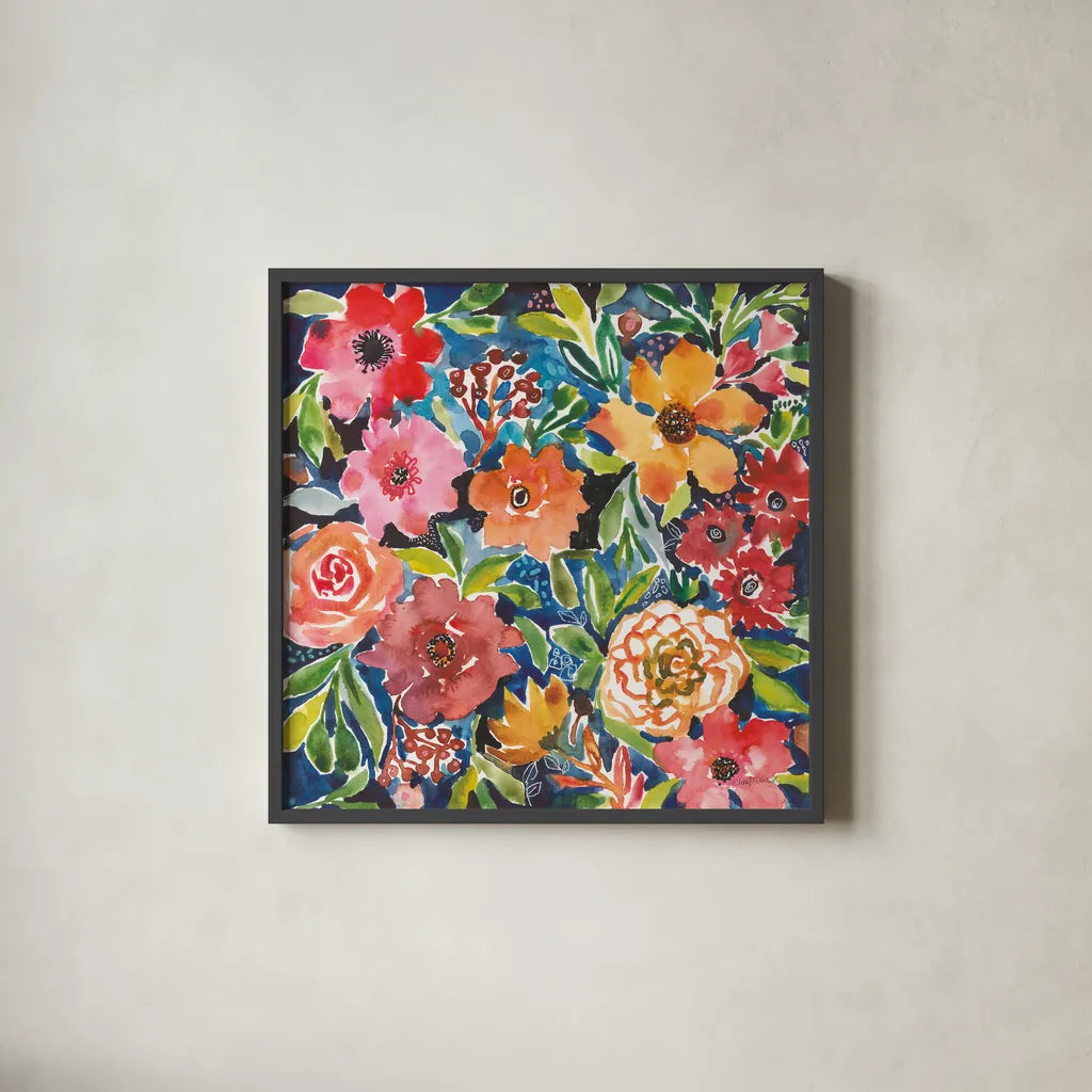 Breezy Petals II by Cheryl Warrick. Shown in a sleek black glass frame for a contemporary gallery look. Available as an archival giclee rolled canvas, fine art paper, or poster print. SKU 84797a.