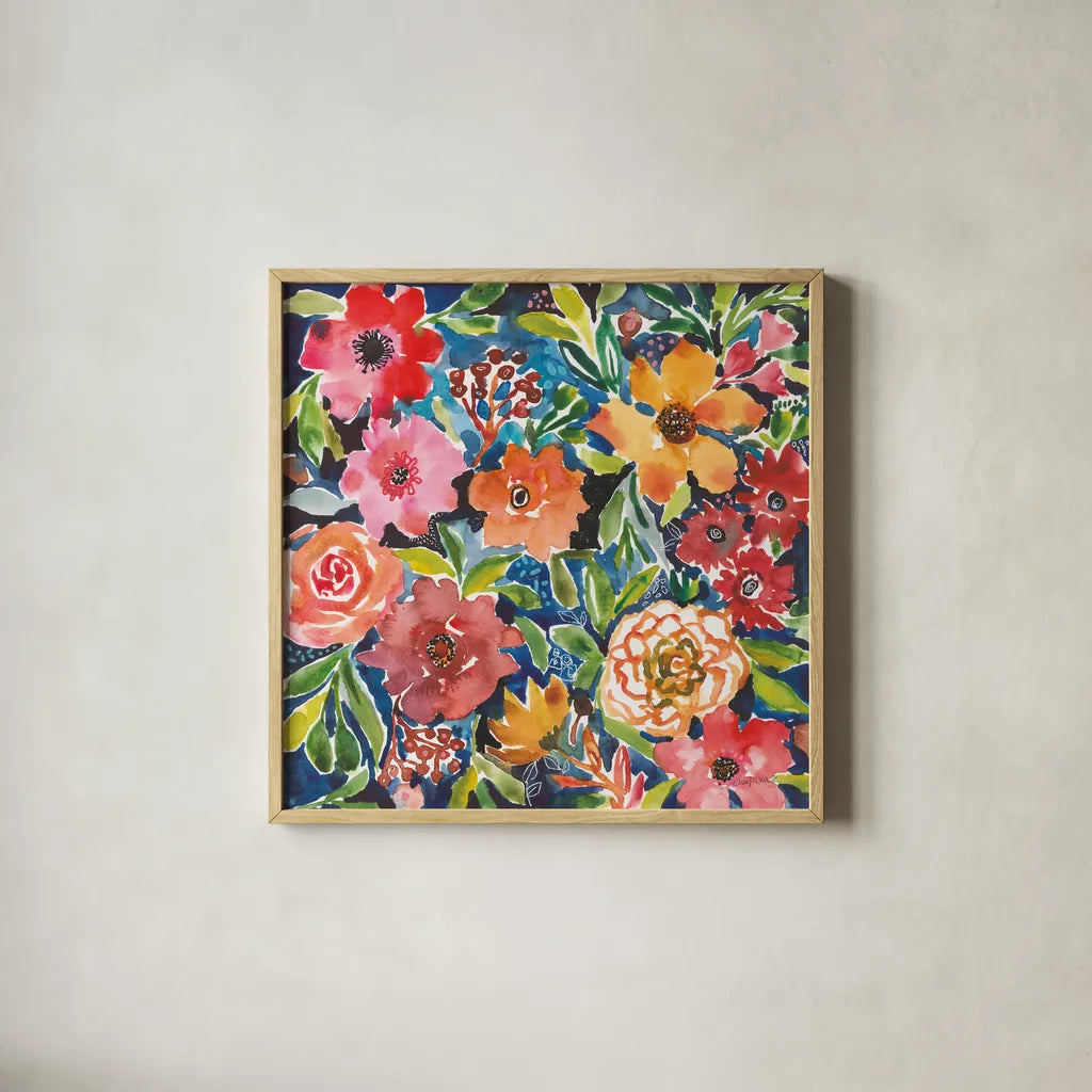 Breezy Petals II by Cheryl Warrick. Shown in a natural wood glass frame for a timeless modern aesthetic. Available as an archival giclee rolled canvas, fine art paper, or poster print. SKU 84797a.