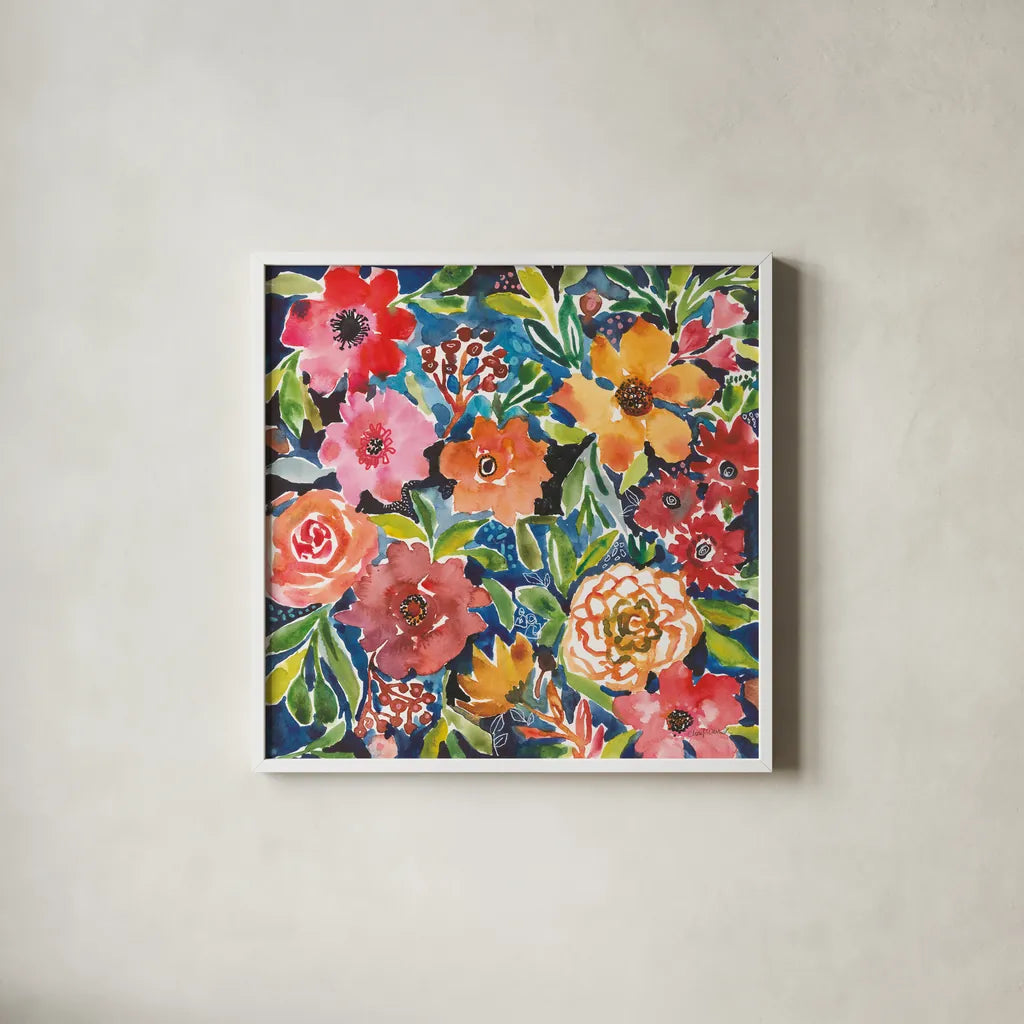 Breezy Petals II by Cheryl Warrick. Shown in a crisp white glass frame for a clean and minimalist style. Available as an archival giclee rolled canvas, fine art paper, or poster print. SKU 84797a.