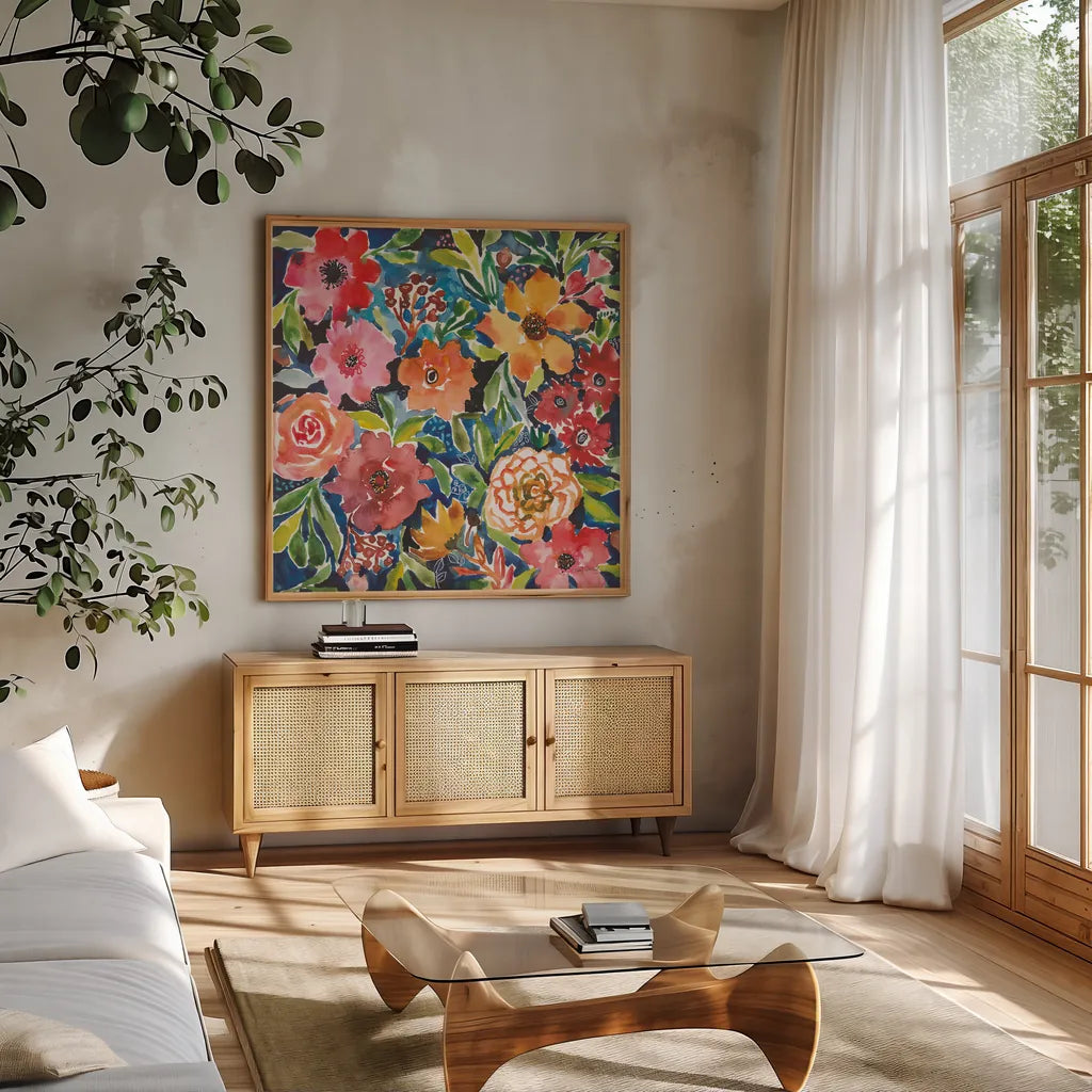 Breezy Petals II by Cheryl Warrick. Shown in a natural wood frame in a cozy modern living room. Available as an archival giclee rolled canvas, fine art paper, or poster print. SKU 84797a.