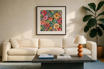 Breezy Petals II by Cheryl Warrick. Displayed in a glass frame with matte in a clean modern living room. Available as an archival giclee rolled canvas, fine art paper, or poster print. SKU 84797a.