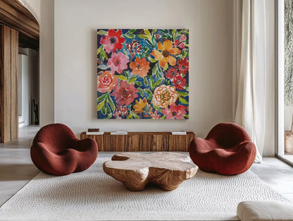Breezy Petals II by Cheryl Warrick. Shown as extra-large giant wall art in a modern living room. Available as an archival giclee rolled canvas, fine art paper, or poster print. SKU 84797a.