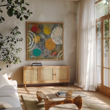 Bridge Abstract II by Cheryl Warrick. Shown in a natural wood frame in a cozy modern living room. Available as an archival giclee rolled canvas, fine art paper, or poster print. SKU 36536a.