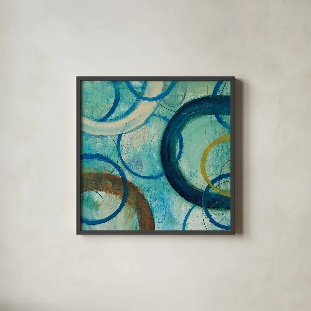 Circle Play I Crop by Cheryl Warrick. Shown in a sleek black glass frame for a contemporary gallery look. Available as an archival giclee rolled canvas, fine art paper, or poster print. SKU 29394a.