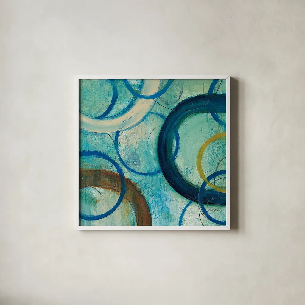 Circle Play I Crop by Cheryl Warrick. Shown in a crisp white glass frame for a clean and minimalist style. Available as an archival giclee rolled canvas, fine art paper, or poster print. SKU 29394a.