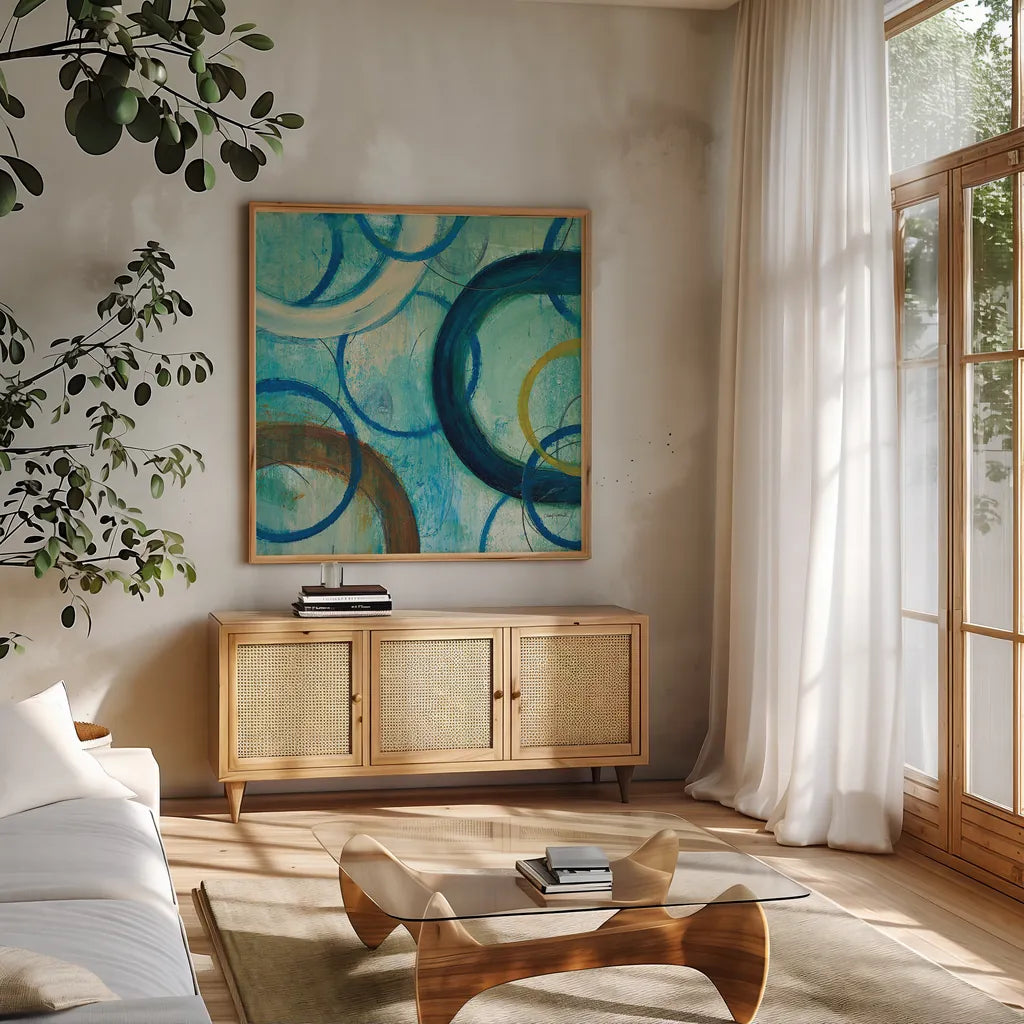 Circle Play I Crop by Cheryl Warrick. Shown in a natural wood frame in a cozy modern living room. Available as an archival giclee rolled canvas, fine art paper, or poster print. SKU 29394a.