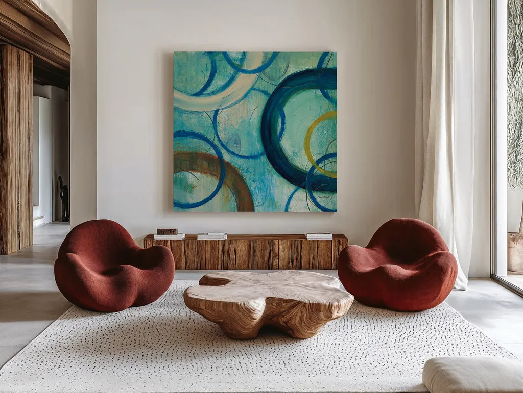 Circle Play I Crop by Cheryl Warrick. Shown as extra-large giant wall art in a modern living room. Available as an archival giclee rolled canvas, fine art paper, or poster print. SKU 29394a.