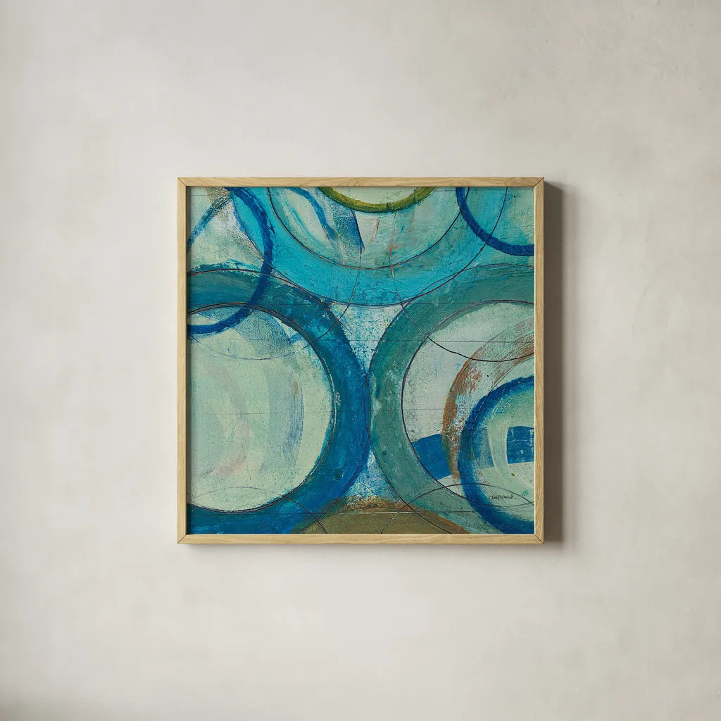 Circle Play II Crop by Cheryl Warrick. Shown in a natural wood glass frame for a timeless modern aesthetic. Available as an archival giclee rolled canvas, fine art paper, or poster print. SKU 29391a.