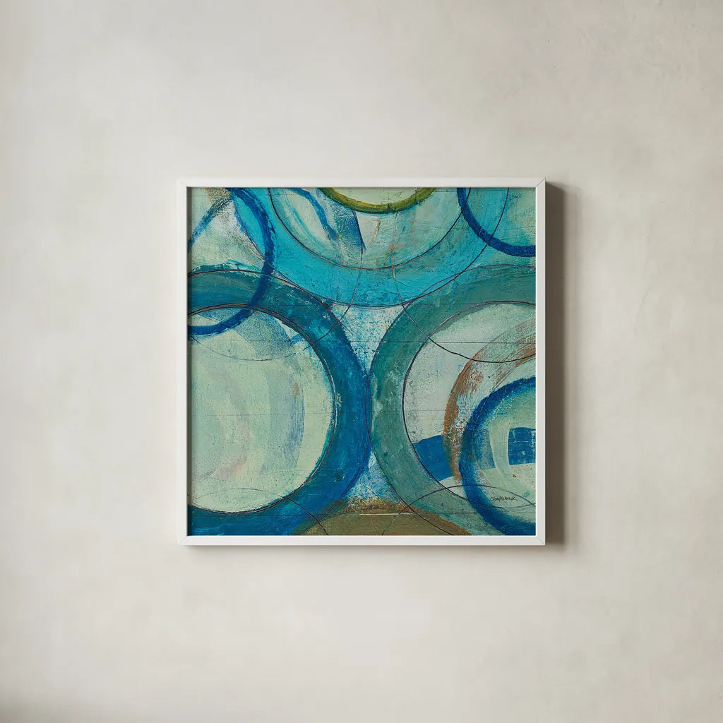 Circle Play II Crop by Cheryl Warrick. Shown in a crisp white glass frame for a clean and minimalist style. Available as an archival giclee rolled canvas, fine art paper, or poster print. SKU 29391a.