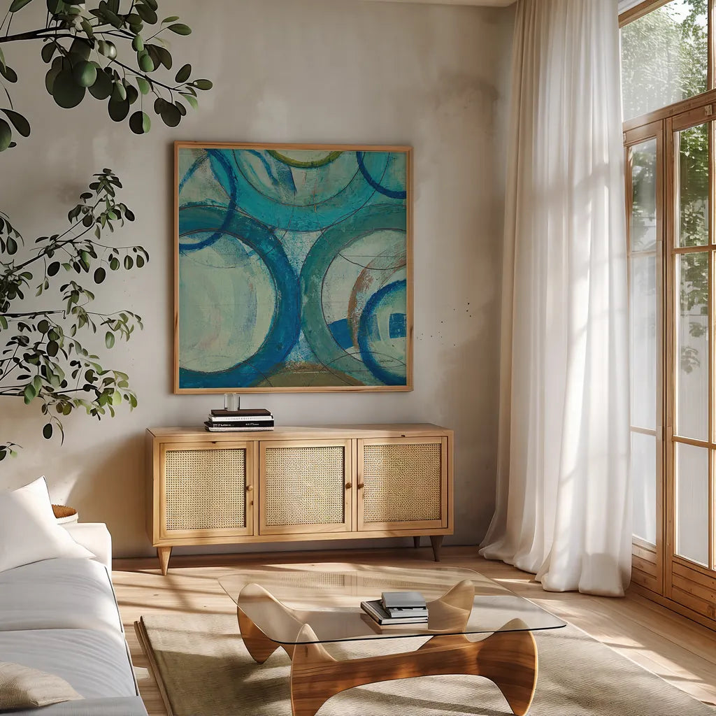 Circle Play II Crop by Cheryl Warrick. Shown in a natural wood frame in a cozy modern living room. Available as an archival giclee rolled canvas, fine art paper, or poster print. SKU 29391a.