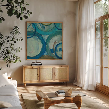 Circle Play II Crop by Cheryl Warrick. Shown in a natural wood frame in a cozy modern living room. Available as an archival giclee rolled canvas, fine art paper, or poster print. SKU 29391a.