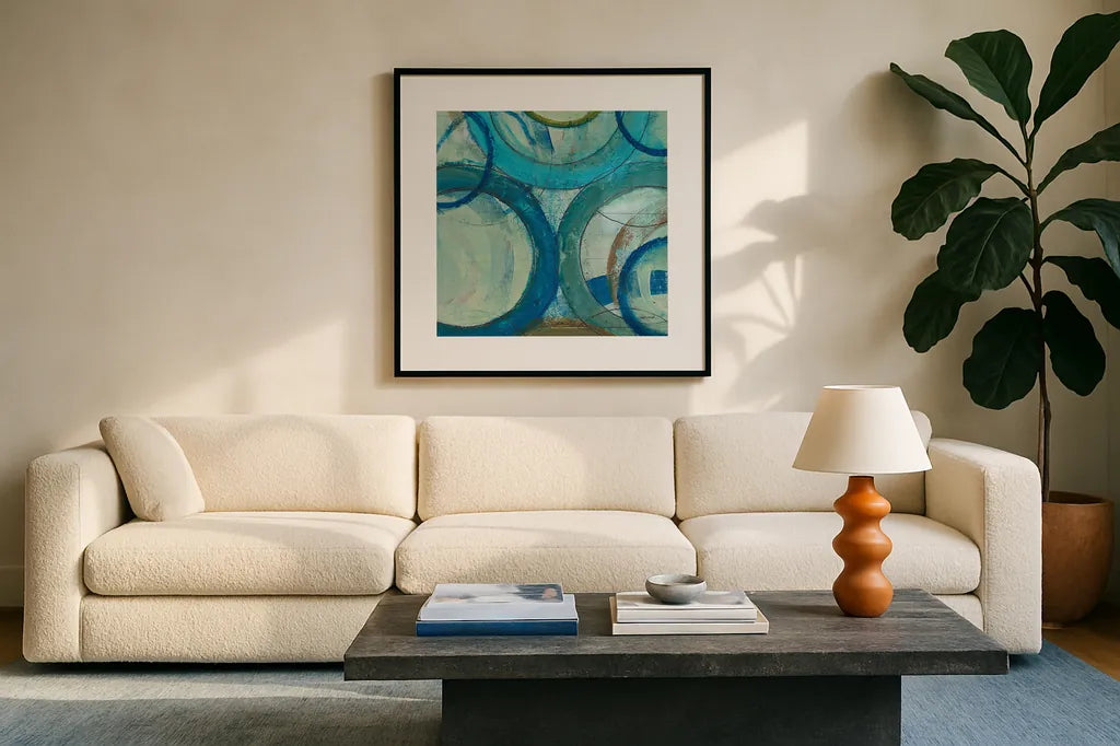 Circle Play II Crop by Cheryl Warrick. Displayed in a glass frame with matte in a clean modern living room. Available as an archival giclee rolled canvas, fine art paper, or poster print. SKU 29391a.