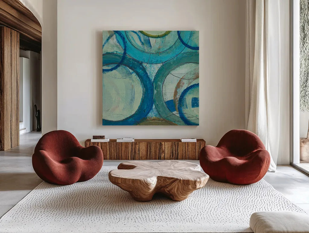 Circle Play II Crop by Cheryl Warrick. Shown as extra-large giant wall art in a modern living room. Available as an archival giclee rolled canvas, fine art paper, or poster print. SKU 29391a.
