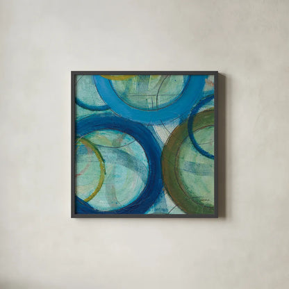 Circle Play IV Crop by Cheryl Warrick. Shown in a sleek black glass frame for a contemporary gallery look. Available as an archival giclee rolled canvas, fine art paper, or poster print. SKU 29392a.