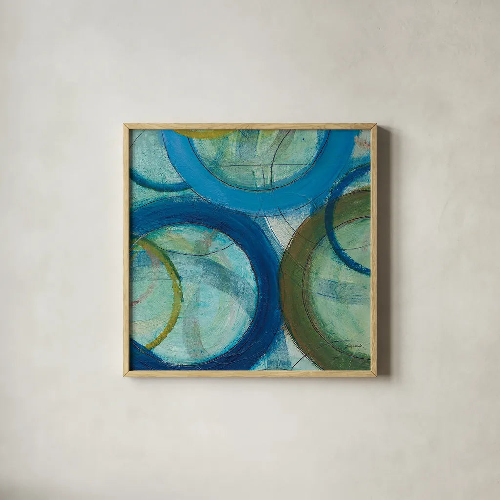 Circle Play IV Crop by Cheryl Warrick. Shown in a natural wood glass frame for a timeless modern aesthetic. Available as an archival giclee rolled canvas, fine art paper, or poster print. SKU 29392a.