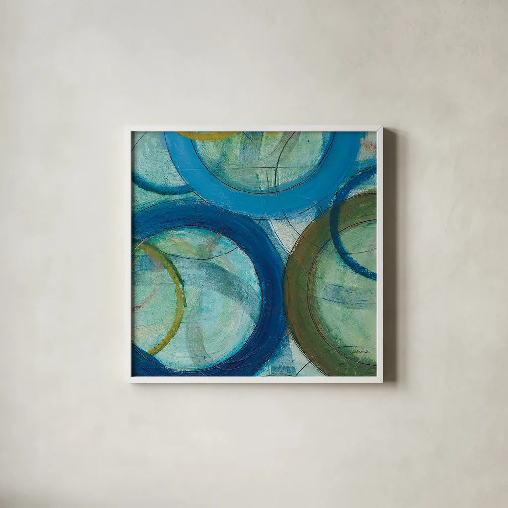 Circle Play IV Crop by Cheryl Warrick. Shown in a crisp white glass frame for a clean and minimalist style. Available as an archival giclee rolled canvas, fine art paper, or poster print. SKU 29392a.