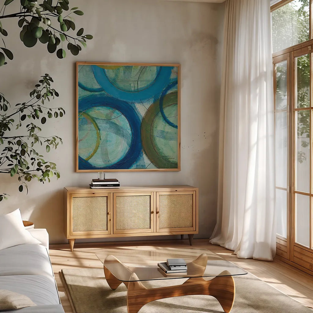 Circle Play IV Crop by Cheryl Warrick. Shown in a natural wood frame in a cozy modern living room. Available as an archival giclee rolled canvas, fine art paper, or poster print. SKU 29392a.