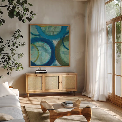 Circle Play IV Crop by Cheryl Warrick. Shown in a natural wood frame in a cozy modern living room. Available as an archival giclee rolled canvas, fine art paper, or poster print. SKU 29392a.