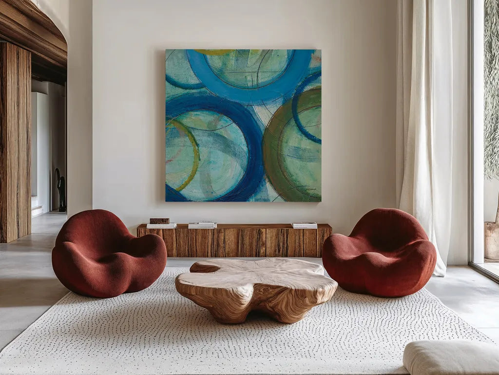 Circle Play IV Crop by Cheryl Warrick. Shown as extra-large giant wall art in a modern living room. Available as an archival giclee rolled canvas, fine art paper, or poster print. SKU 29392a.