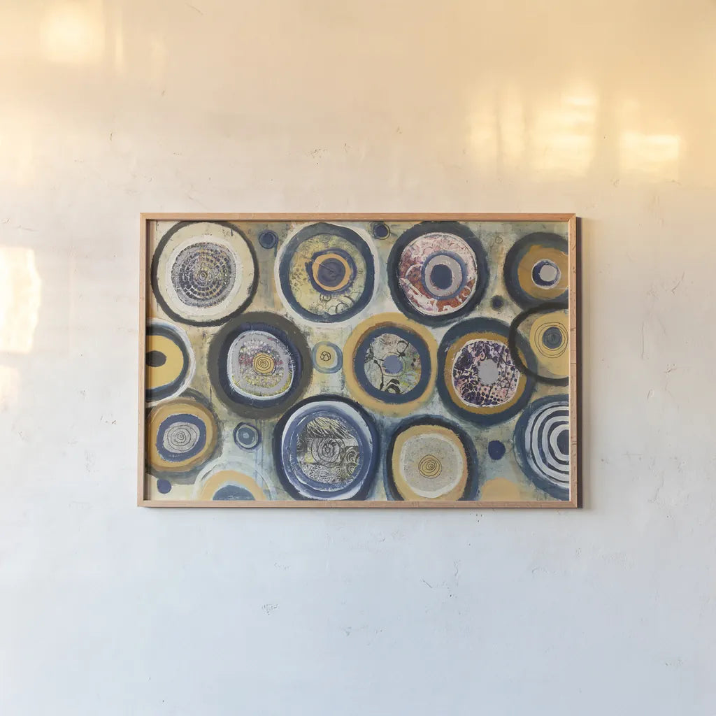 Circle Song by Cheryl Warrick. shown as a paper print in a natural frame. Available as a archival giclee rolled canvas, fine art paper, or poster print. SKU 25872i.