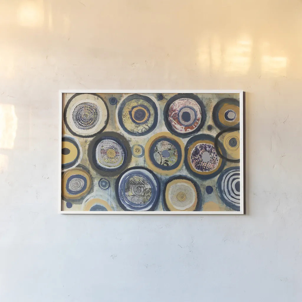 Circle Song by Cheryl Warrick. shown as a paper print in a white frame. Available as a archival giclee rolled canvas, fine art paper, or poster print. SKU 25872i.