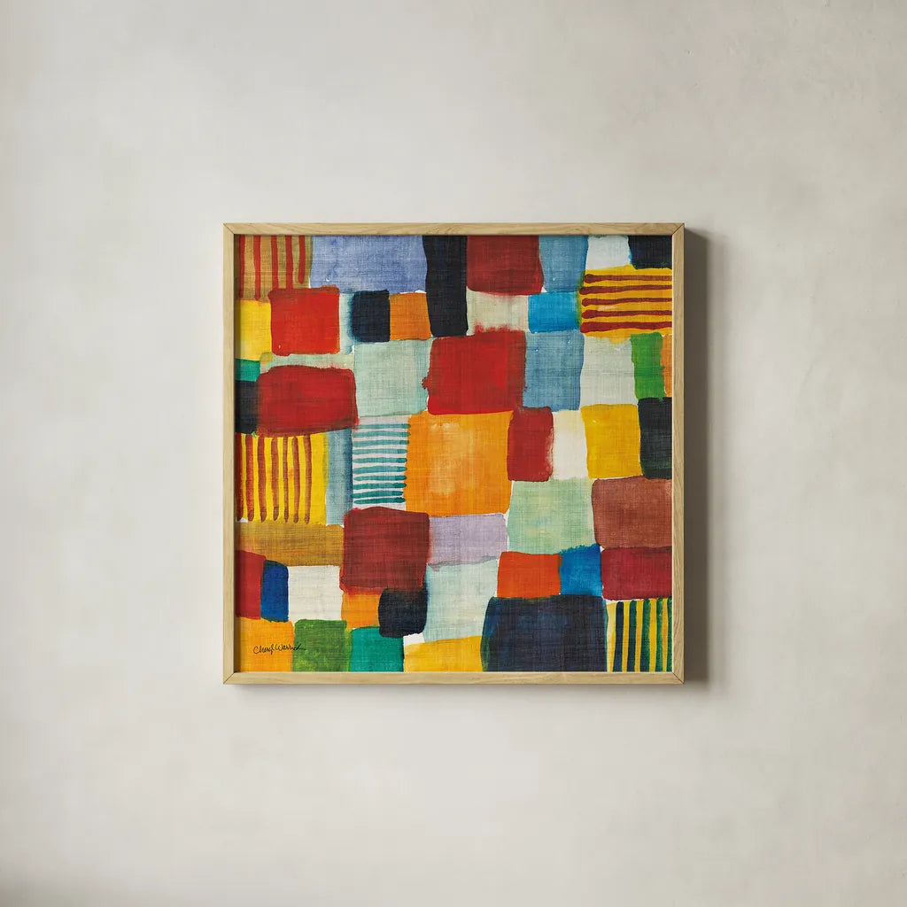 City Block I by Cheryl Warrick. Shown in a natural wood glass frame for a timeless modern aesthetic. Available as an archival giclee rolled canvas, fine art paper, or poster print. SKU 37795a.