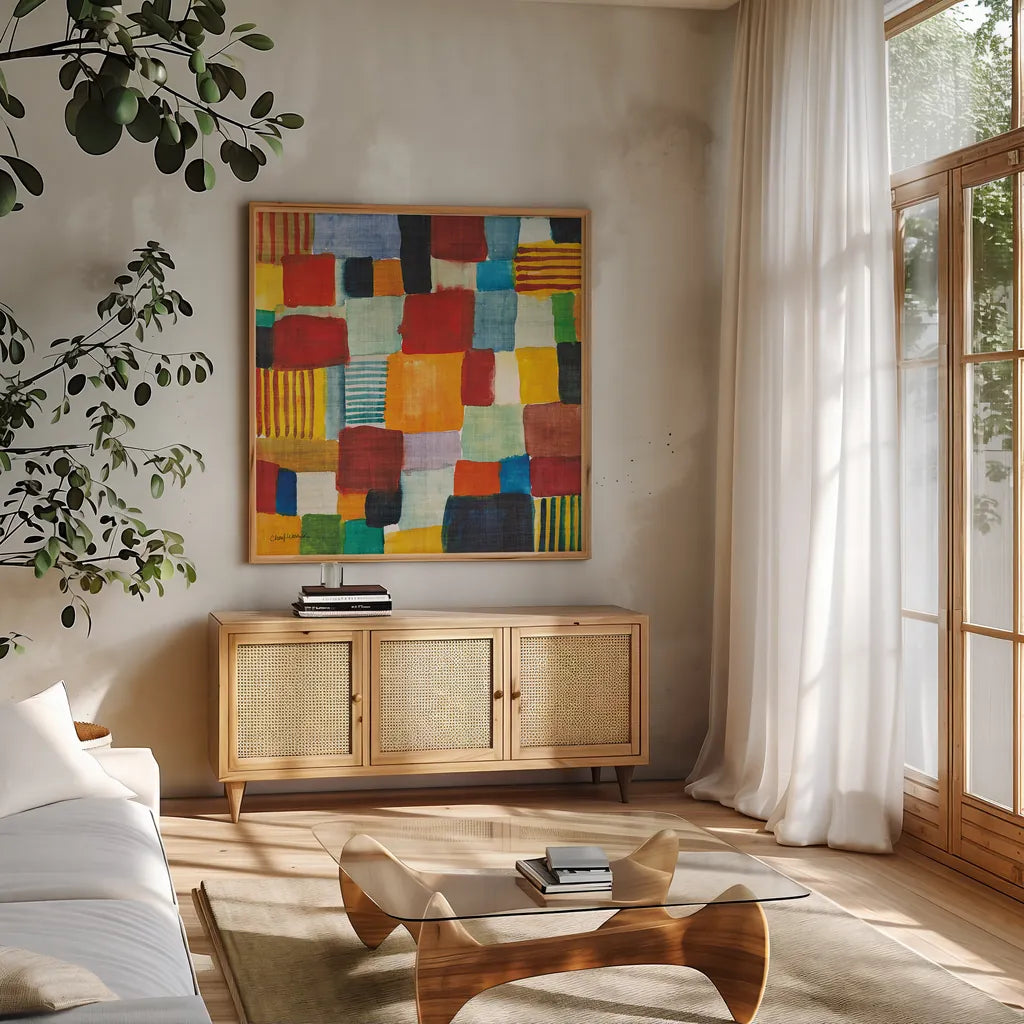 City Block I by Cheryl Warrick. Shown in a natural wood frame in a cozy modern living room. Available as an archival giclee rolled canvas, fine art paper, or poster print. SKU 37795a.