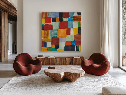 City Block I by Cheryl Warrick. Shown as extra-large giant wall art in a modern living room. Available as an archival giclee rolled canvas, fine art paper, or poster print. SKU 37795a.