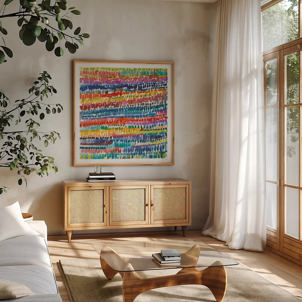 Colorful Patterns III by Cheryl Warrick. Shown in a natural wood frame in a cozy modern living room. Available as an archival giclee rolled canvas, fine art paper, or poster print. SKU 77640a.