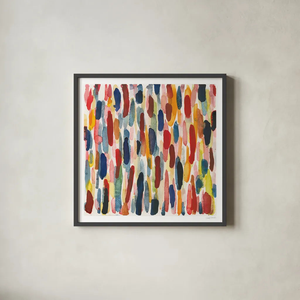 Colorful Patterns IX by Cheryl Warrick. Shown in a sleek black glass frame for a contemporary gallery look. Available as an archival giclee rolled canvas, fine art paper, or poster print. SKU 77641a.